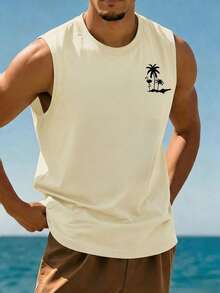 Plus Size YUNTUO Men's Summer Casual Sleeveless Round Neck Tank Top, California Coast Vacation Style, American Retro Casual, Coconut Tree & Crane Print, Minimalist, Versatile Texture, Suitable For Home, Work, Outdoor, City, Regular Fit, Streetwear, Youthful Campus Style - Khaki - View 3