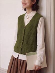 Damen Retro Minimalistisch Lässig Einreihige Strickweste, Herbst/Winter - Grün - Übersicht 5