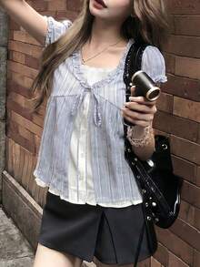 清爽系带女士夏季蓝色条纹宽松耳侧两件式短袖上衣 - 藍色 - 查看 1