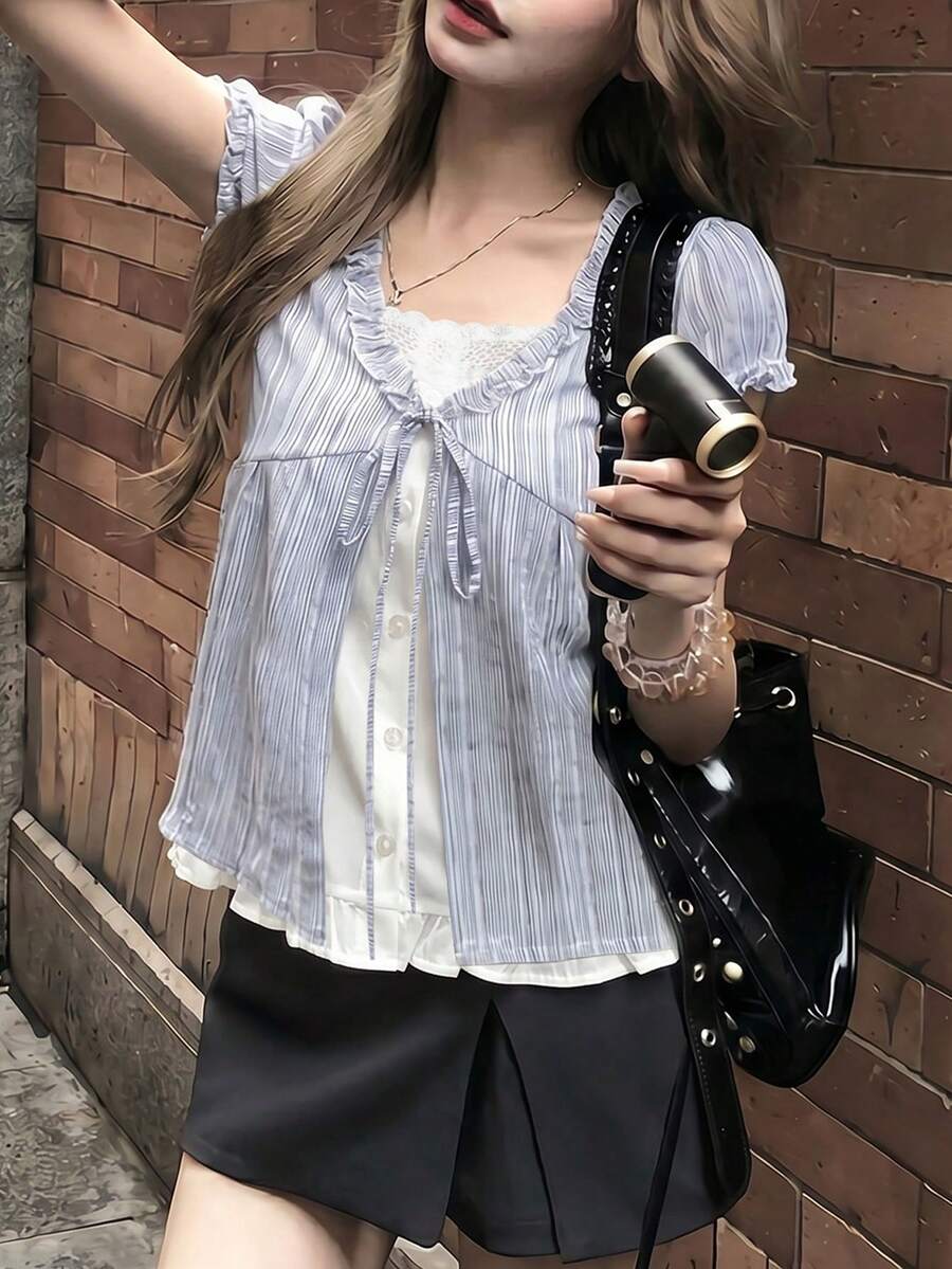 清爽系带女士夏季蓝色条纹宽松耳侧两件式短袖上衣 - 藍色 - 查看 1