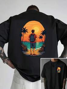Camiseta de hombre con hombros caídos, camiseta holgada con estampado de doble cara para disfrutar de las puestas de sol en la playa y las vacaciones junto al mar, nueva ropa de hombre a la - Negro - Ver 1