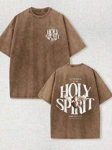 Camiseta Estampada con la Frase "Poder del Espíritu Santo" |   Camiseta vintage lavada de algodón puro |   Cree en el estilo callejero retro |   Camisa casual holgada de verano - Café integral - Ver 1