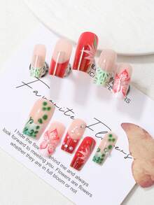 Change Your Nails 24片長款長方形穿戴式假指甲 紅綠撞色3D花朵水鑽款 夏季清新風 適合日常通勤、約會、派對 + 免費附贈指甲拋光塊 + 果凍膠 - 彩色 - 查看 6