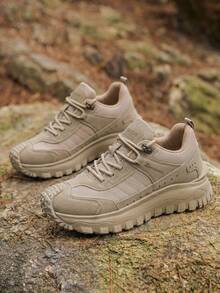 Solid Color Outdoor Lace-Up Hiking Shoes, All-Season Versatile Retro Round Toe Plus Size Street Style Thick Sole Work Boots For Men - Khaki - View 3