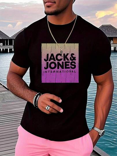 T-shirt graphique athlétique pour hommes Jack & Jones - T-shirt noir à manches courtes col ras-du-cou avec imprimé lettres, tenue de sport décontractée d'été, tissu, lavable en machine, tenue de loisir