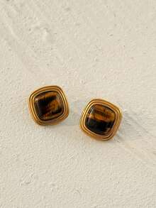 1 Pair Women's Stainless Steel Gold Thick Square Stud Earrings, Faux Tiger Eye Stone Geometric Earrings, Vintage Exaggerated Luxury Fashion 18k Gold Plated Jewelry, Suitable For Daily Wear And Party Outfit - Gold - View 6