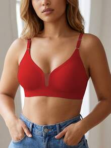 1pc Women's Casual Minimalist Solid Color Deep V-Neck Spaghetti Strap Backless Bra, Comfortable & Suitable For Wedding Dress - Red - View 9