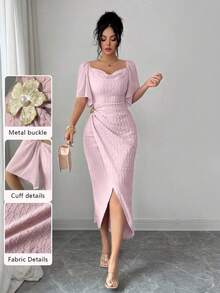 yonghongmaoyi1  Vestido elegante ajustado con cuello de volantes, mangas de pétalos y hebilla metálica de bloque de color para mujer, primaver - Verde - Ver 2