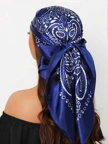 1PC Women's Printed 90cm Square Scarf With Chain, Suitable For Daily Wear, Satin-Like Polyester Soft Bandana Headscarf, All Seasons - Navy Blue - View 9