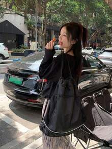 韓系小眾設計 Ins 風多功能學生後背包，休閒時尚百搭大容量抽繩束口包，適合大學生與高中生，通勤上學包 - 黑色 - 查看 2