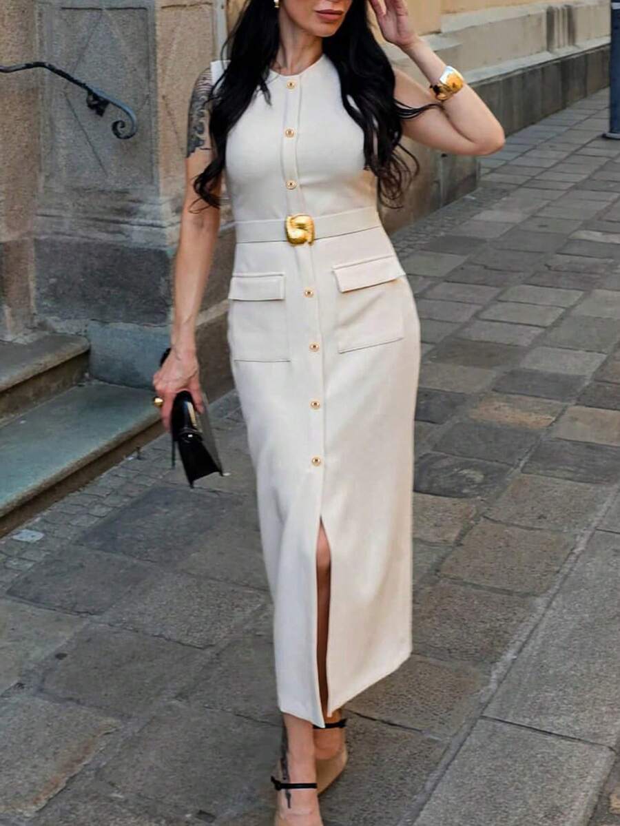 SHIBASHAN Women's Elegant Beige Round Neck Sleeveless Midi Dress With Belt, Casual Summer Single-Breasted Spaghetti Strap Long Dress - Beige - View 1