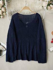 Sexy Minimalist Shoulder Cut-Out Distressed Design Pullover Sweater, Suitable For Going Out, Dates, Home, And Commuting, Autumn/Winter - Royal Blue - View 6