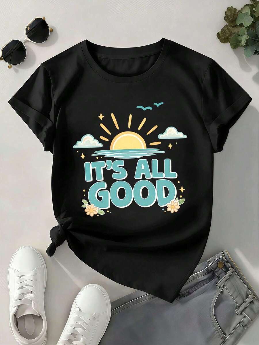 y2k Camiseta casual de verano para mujer con estampado gráfico, 100% algodón, estampado artístico, estilo hip-hop urbano, transpirable - Negro - Ver 1