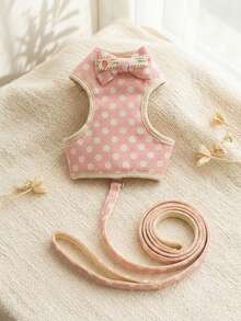PETCHIC Cute Pink Polka Dot Pet Harness + Leash Set, Suitable For Spring Outdoor Camping, Walking Dogs/Cats, Adjustable Harness, Soft & Comfortable Pet Outdoor Activity Accessory - Pink - View 2