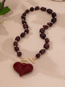 1/2pcs Colorful Chunky Acrylic Bead Necklace, Red Heart Pendant T-Bar Choker, Y2K Style Bead Chain Jewelry, Suitable For Party And Daily Wear - Multicolor - View 6