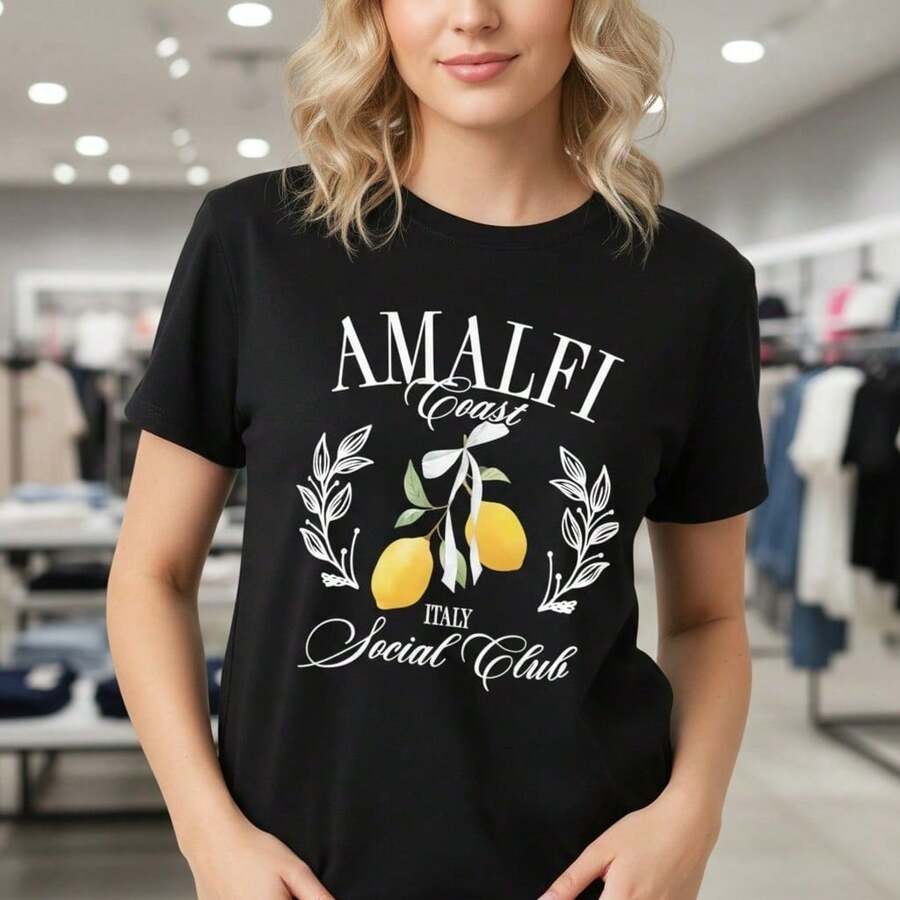 Stylish Everyday Outfits: Women's Amalfi Lemon Print Cotton T-Shirt, Short Sleeve, Round Neck, Casual Summer T-Shirt, Various Sizes, Soft Cotton - 黑色 - 查看 1