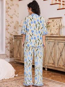 Women's Blue Tulip Floral Print Contrast Color V-Neck Ruffle Short Sleeve Button-Up Top + Wide Leg Pants 2-Piece Pajama Set - Multicolor - View 3