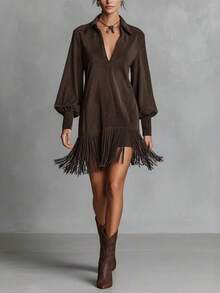 Women's Short Suede Shirt Dress With Lapel Collar, Puff Sleeves And Fringe At The Hem, Various Shades Of Navy And Brown, Western Cowboy Style For Autumn Country Outings. - 咖啡 - 查看 1