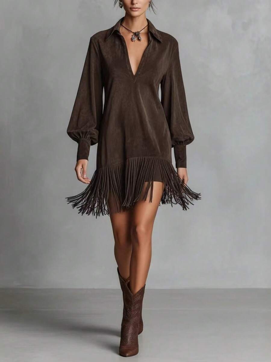 Women's Short Suede Shirt Dress With Lapel Collar, Puff Sleeves And Fringe At The Hem, Various Shades Of Navy And Brown, Western Cowboy Style For Autumn Country Outings. - 咖啡 - 查看 1
