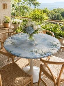 1Pc Blue Marble Floral Round Stretch Tablecloth, Elegant Polyester Elastic Fitted Table Cover, Rose Hydrangea Print Washable Dustproof Table Protector Slipcover For Dining Table, Patio, Wedding, Party, Spring Summer Decor - Multicolor - View 5