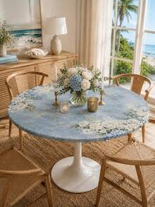 1Pc Blue Marble Floral Round Stretch Tablecloth, Elegant Polyester Elastic Fitted Table Cover, Rose Hydrangea Print Washable Dustproof Table Protector Slipcover For Dining Table, Patio, Wedding, Party, Spring Summer Decor - Multicolor - View 17