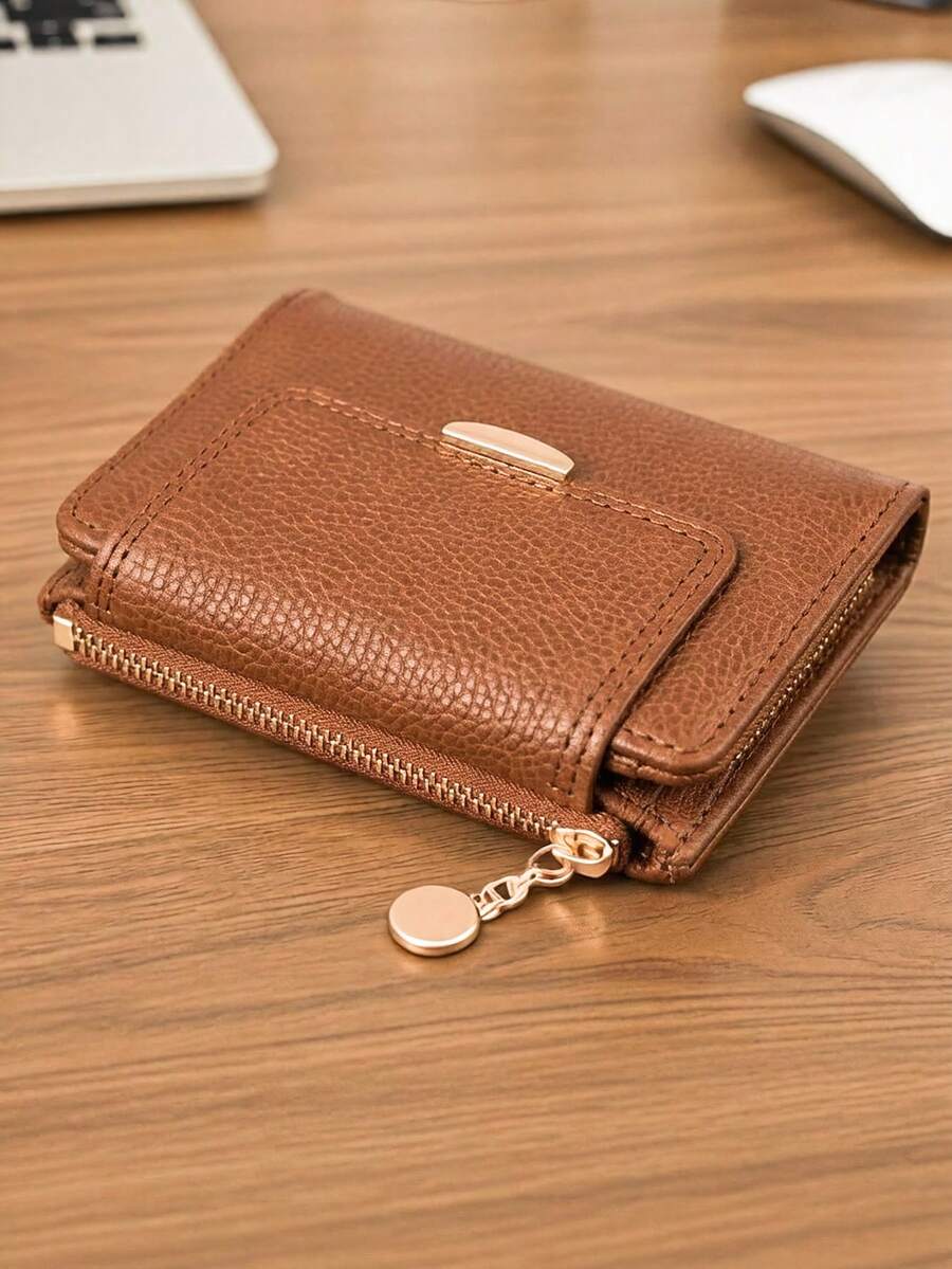 MINGYOU Cartera corta de mano con textura suave y cremallera para monedas de moda - Marrón - Ver 1