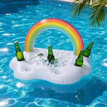 1 pieza Colchoneta flotante inflable con forma de arcoíris con portavasos y compartimento para hielo, accesorio flotante para agua para playa y fiesta en la piscina, material PVC duradero, regalo ideal para vacaciones o cumpleaños, esencial de playa, accesorio de piscina - Barra de hielo arcoíris - Ver 2