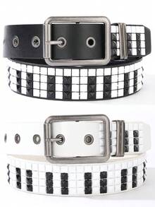 Men Y2K Piano Key Studded Belt Punk Streetwear Black White Waist Belt - Piano Key Rivet Strap - View 8