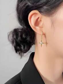 1 Pair Fashionable New Zirconia Circle Cross Pendant Copper Clip-On Earrings For Women Without Pierced Ears, High-End Elegant Ear Jewelry Suitable For Daily Wear And Holiday Gifts - Ear Clip - View 3