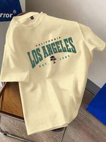 Men's White Woven Fabric T-Shirt With Los Angeles Graphic Print, Short Sleeves And Crew Neck, Regular Fit - 黃色 - 查看 1