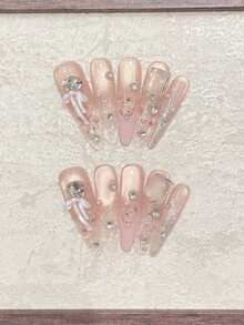 10pcs Kuku Akrilik Tempel Buatan Tangan Panjang Lancip Transparan Kaca Es Merah Muda Prancis 3D Pita Persegi Transparan Rhinestone Mata Kucing Bening Tekstur Pecah Mewah Pengerjaan Berat Gaya Perempuan Sehari-hari Kencan Pesta Liburan Musim Panas - berwarna merah muda - View 4