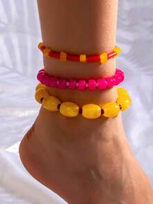 3pcs/Set Fashion Design Rose Red Millet Bead Anklet, Unique Handmade Beaded Anklet For Women, Beach Vacation And Daily Wear - Multicolor - View 1