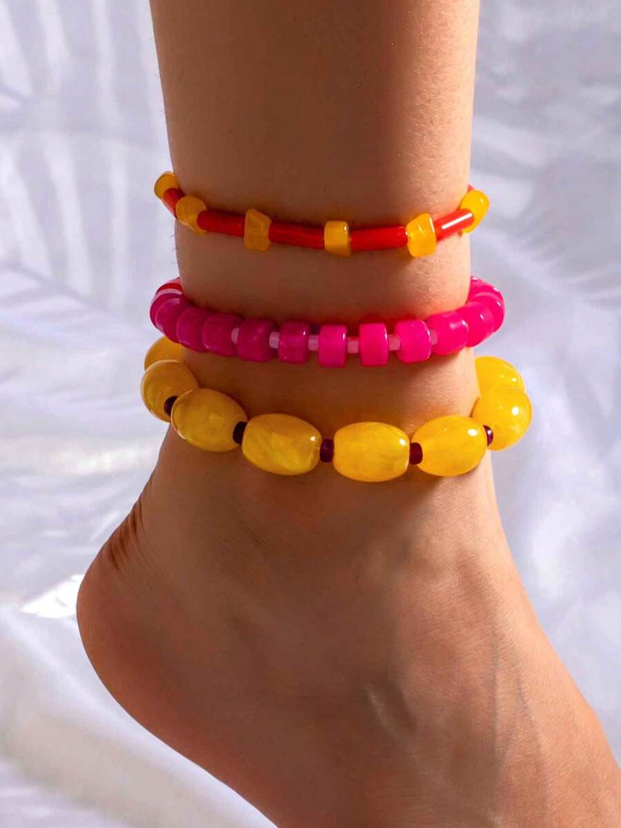 3pcs/Set Fashion Design Rose Red Millet Bead Anklet, Unique Handmade Beaded Anklet For Women, Beach Vacation And Daily Wear - Multicolor - View 1