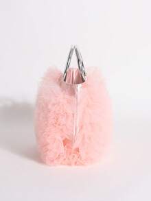 Elegant Pink Tulle Ruffle Tote Bag, Metal Ring Handle Mini Handbag, Women's Fluffy Evening Clutch, Suitable For Wedding Bride, Prom, Cocktail Party - Pink - View 5