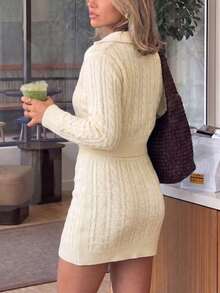 Women's 2 Pieces Knit Set, Polo Collar Cropped Cardigan With Faux Pockets And Button Decor + High Waist Mini Skirt, Cable Knit Design, Autumn/Winter Preppy Style - Apricot - View 6