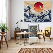 1pc Seagull Wave Sun Bohemian Style Printed Tapestry, Includes 3 Wall Nails And 2 Clips, Printed Rectangular Bedroom Wall Decor Hanging Cloth With Drape - Multicolor - View 2