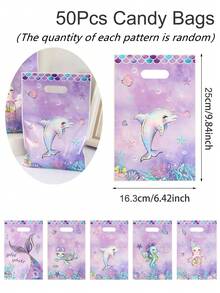 10/20/50pcs Purple Mermaid Theme Gift Bags, Mixed Dolphin & Turtle Pattern Plastic Gift Packaging Bags, Suitable For Girls Ocean Theme Birthday Party Supplies, Baby Shower Party Candy Bags - Multicolor - View 9