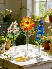 1pc Stained Floral Desktop Ornament Vertical Plant Display Stand With Clear Base Bohemian Windowsill Light Refraction Decor Home Decor Room Decor Ambient Craft For Bedroom Windowsill Living Room & Desk Multi-Pattern Flower Art Ornament - Multicolor - View 5