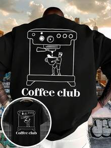 Nueva Camiseta para Hombre 2026: Sencilla, de color sólido, corte regular, con estampados de doble cara de Café y personajes de dibujos animados con unaáquina de café en la parte delante - Negro - Ver 1