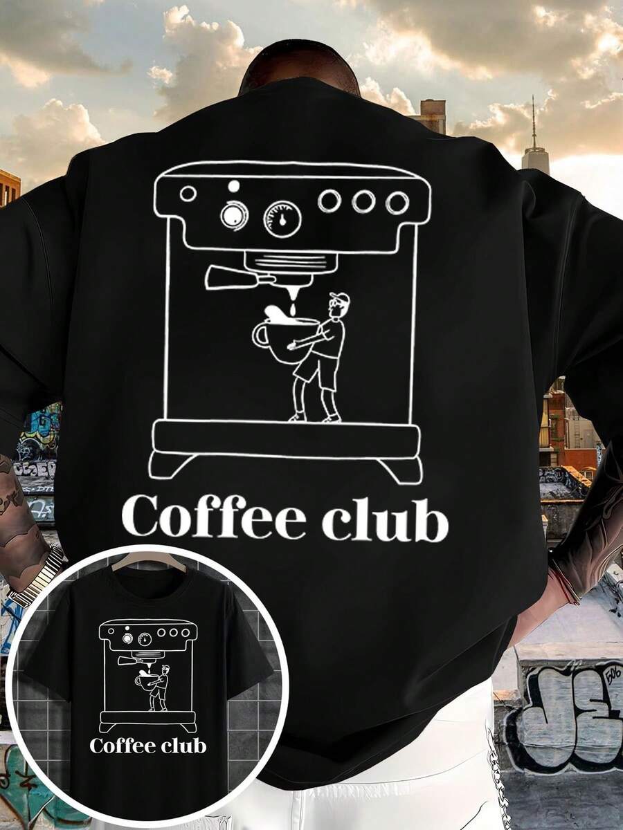 Nueva Camiseta para Hombre 2026: Sencilla, de color sólido, corte regular, con estampados de doble cara de Café y personajes de dibujos animados con unaáquina de café en la parte delante - Negro - Ver 1