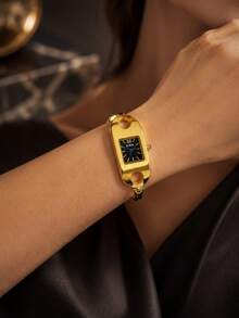 1pc Women's Gold Bangle Quartz Watch, Rectangular Hollow Bangle Wristwatch, Black Dial Blue Hands, Jewelry Style Formal Watch, Gift For Women And Girls - Gold - View 8