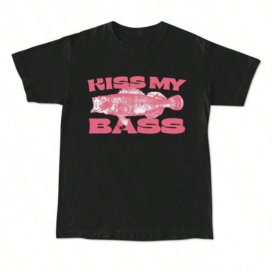Camiseta de Pesca Estilo Vintage Kiss My Bass, Camiseta Gráfica con Diseño Rosa, Edición Limitada, Ropa Masculina, Regalos de Cumpleaños para Hombres, Camisetas Gráficas HZVR - Negro - Ver 1