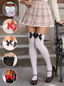 Women's Sweet Preppy Bow Thigh High Socks, Cream Cardigan, Plaid Pleated Skirt, Mary Jane Shoes, Campus Library Style Fashion Outfit Set For Fall Days - Multicolor - View 1