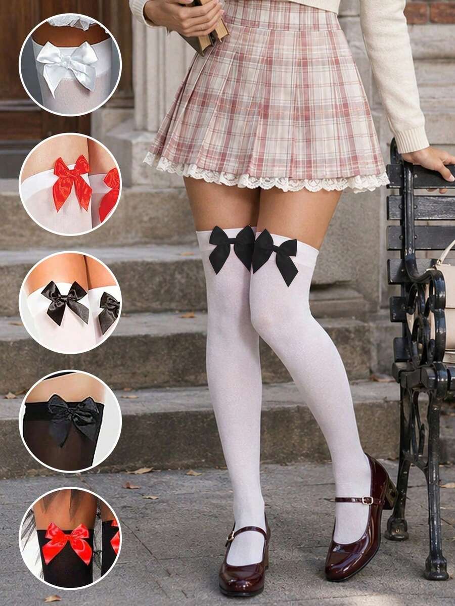 Women's Sweet Preppy Bow Thigh High Socks, Cream Cardigan, Plaid Pleated Skirt, Mary Jane Shoes, Campus Library Style Fashion Outfit Set For Fall Days - Multicolor - View 1