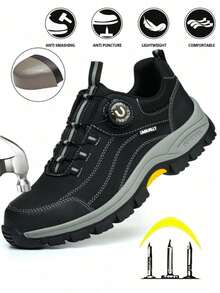 Men's Steel Toe Shoes, Button Design, Anti-Crush, Anti-Puncture, Rubber Sole, Industrial Work Shoes - 黑色 - 查看 1