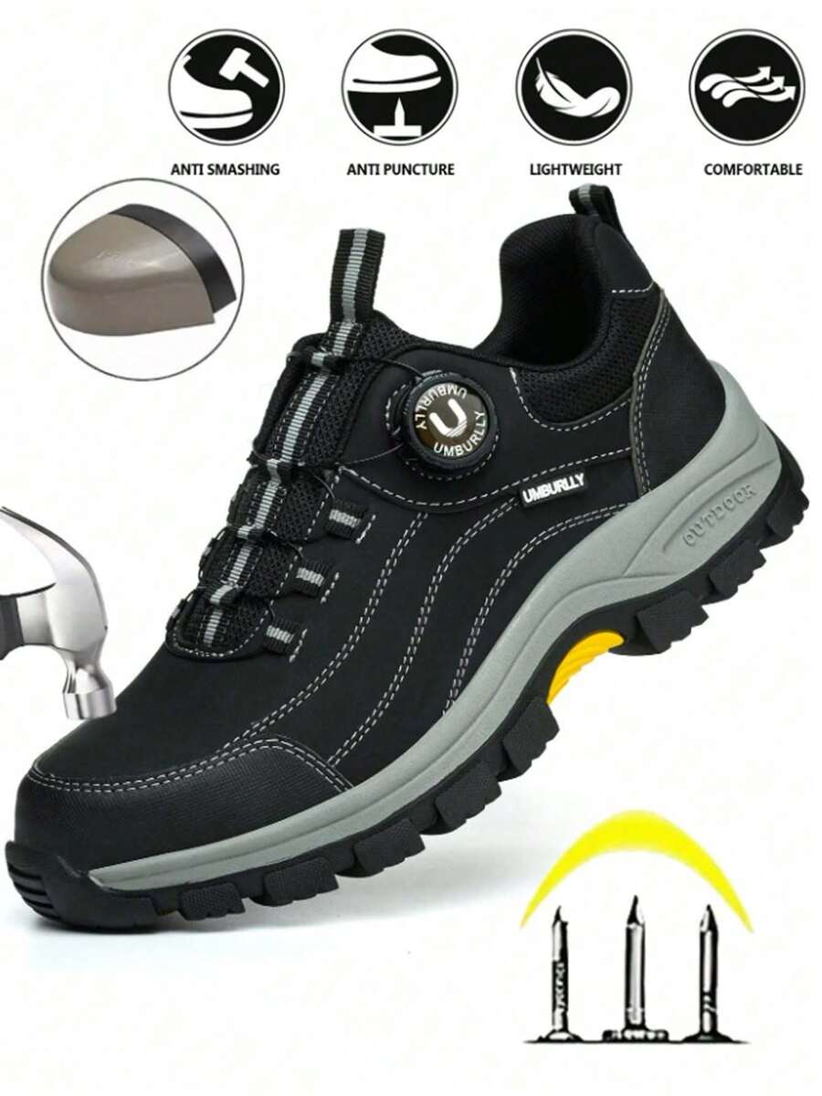 Men's Steel Toe Shoes, Button Design, Anti-Crush, Anti-Puncture, Rubber Sole, Industrial Work Shoes - 黑色 - 查看 1