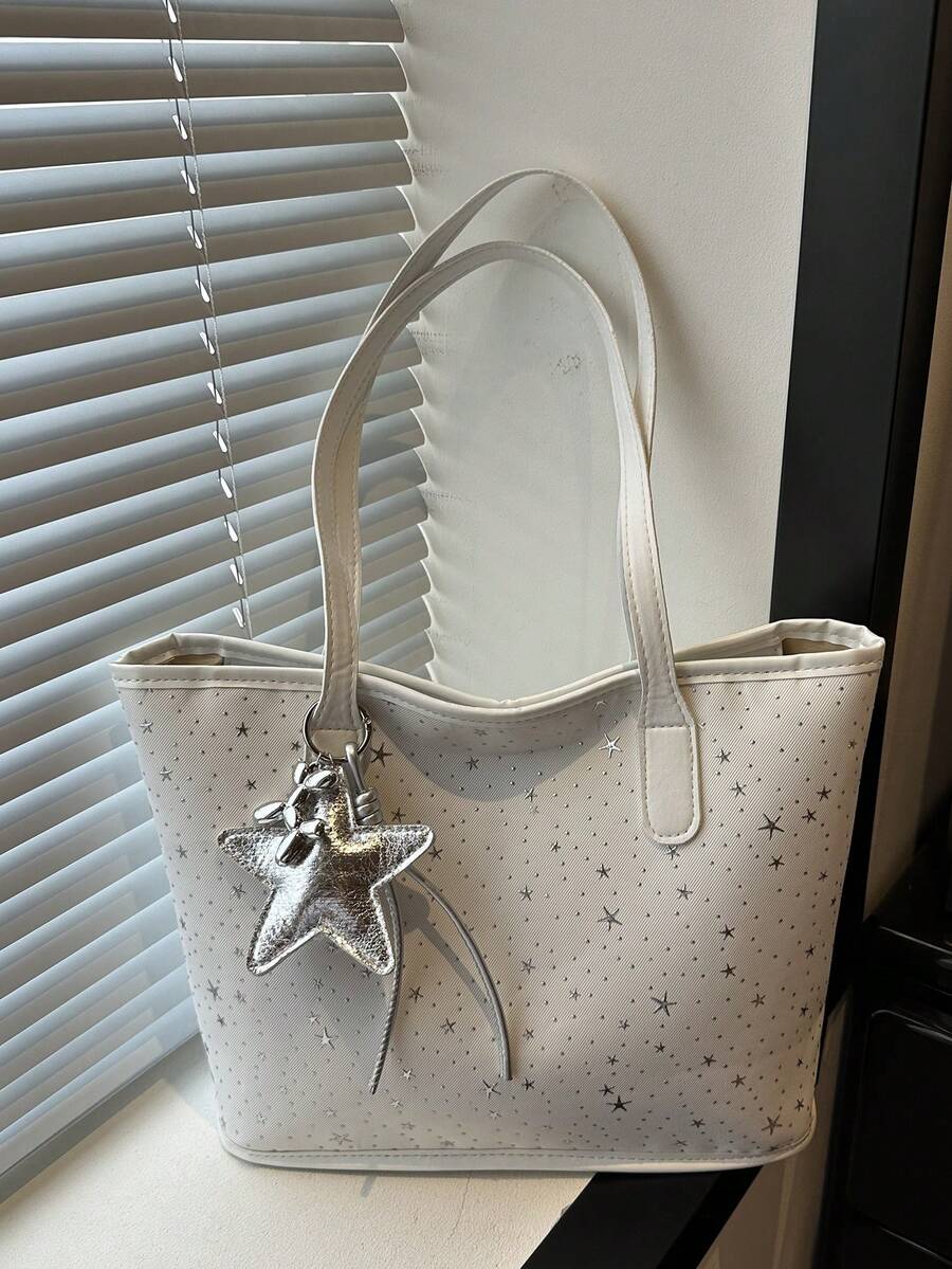 1 pièce Sac à épaule de mode pour femme avec imprimé étoile, sac fourre-tout portable polyvalent de grande capacité, convient pour les rendez-vous, les achats, les sorties, les voyages, livré avec un pendentif exquis - Blanc - Voir 1
