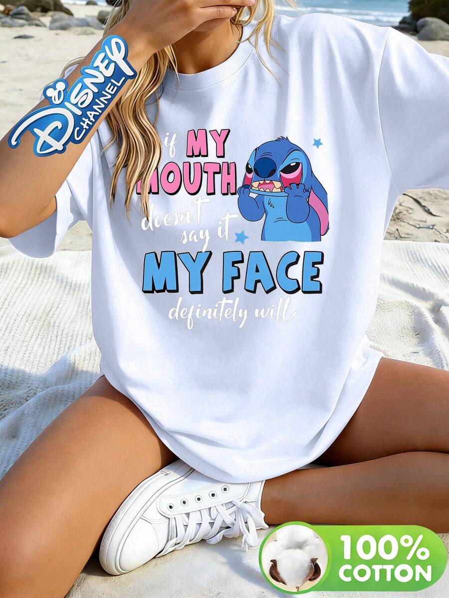 Disney Lilo & Stitch "If My Mouth Doesn't Say It My Face Will" Quote Print Crew Neck Tee, Funny Sassy Casual Top - 白色 - 查看 1