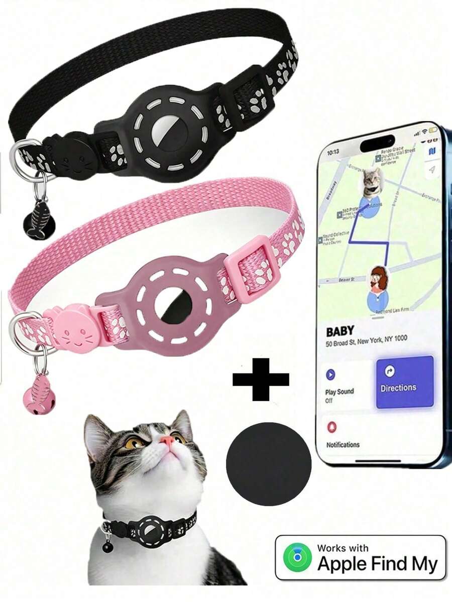 1 pieza Collar reflectante ajustable para gato, collar localizador para mascota compatible con Apple Find My Tracker, diseño de estampado animal de 7-9 pulgadas, collar removible para gatos, no compatible con Android