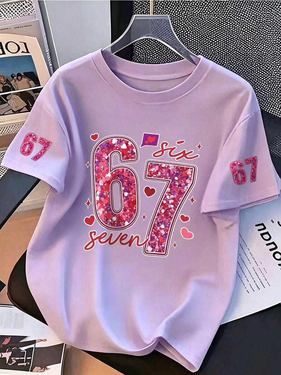 青少年女孩 Coquette 風格白色 T 恤,亮面「67」數字與愛心印花休閒短袖 T 恤,可愛 Y2K 夏季街頭風上衣 - 淡紫色 - 查看 1
